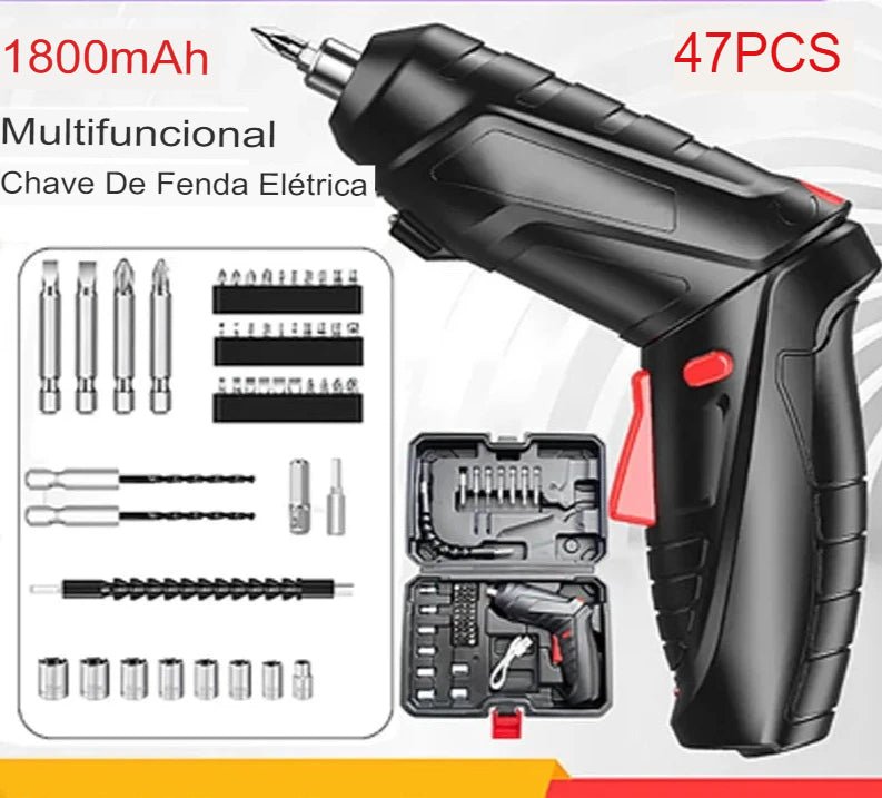 Kit com Chave de fenda elétrica sem fio com bateria de lítio recarregável Mini furadeira 3.6V + 47 peças e Chaves - achatudostore