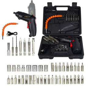 Kit com Chave de fenda elétrica sem fio com bateria de lítio recarregável Mini furadeira 3.6V + 47 peças e Chaves - achatudostore