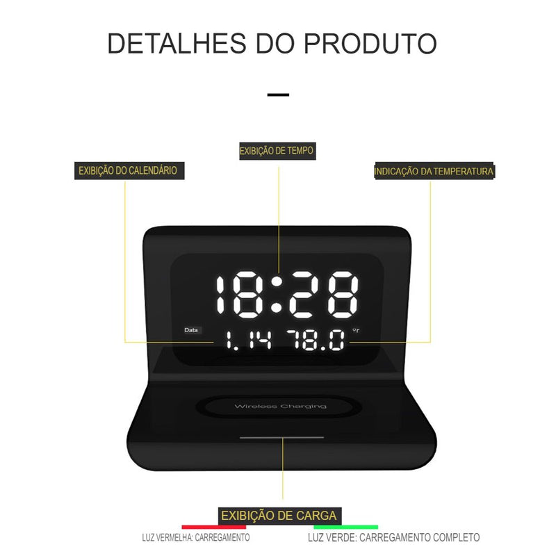 DigitalStation 4 em 1 Multifuncional - Carregador por Indução, Hora, Calendário e Temperatura - achatudostore