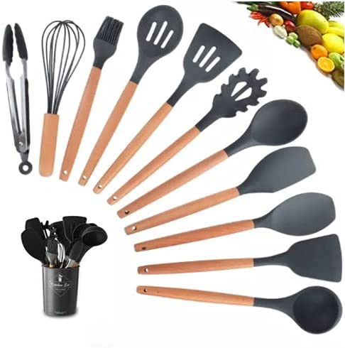 Kit com 12 Utensílios De Cozinha em Silicone e Madeira de Bamboo - achatudostore