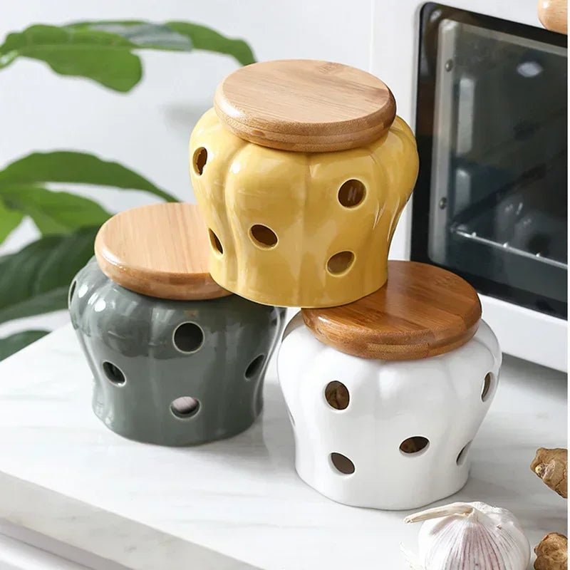 Pote Criativo vazado de Armazenamento em Cerâmica para alho, gengibre, pimenta etc - achatudostore