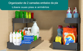 Prateleira Organizadora Deslizante de 2 Níveis em L para Gabinete de Cozinha e Banheiro - achatudostore