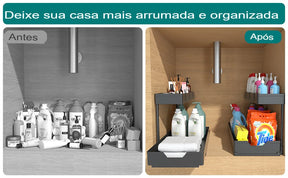 Prateleira Organizadora Deslizante de 2 Níveis em L para Gabinete de Cozinha e Banheiro - achatudostore