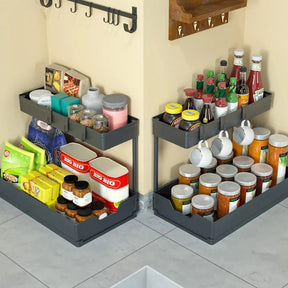 Prateleira Organizadora Deslizante de 2 Níveis em L para Gabinete de Cozinha e Banheiro - achatudostore