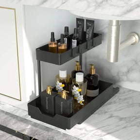 Prateleira Organizadora Deslizante de 2 Níveis em L para Gabinete de Cozinha e Banheiro - achatudostore